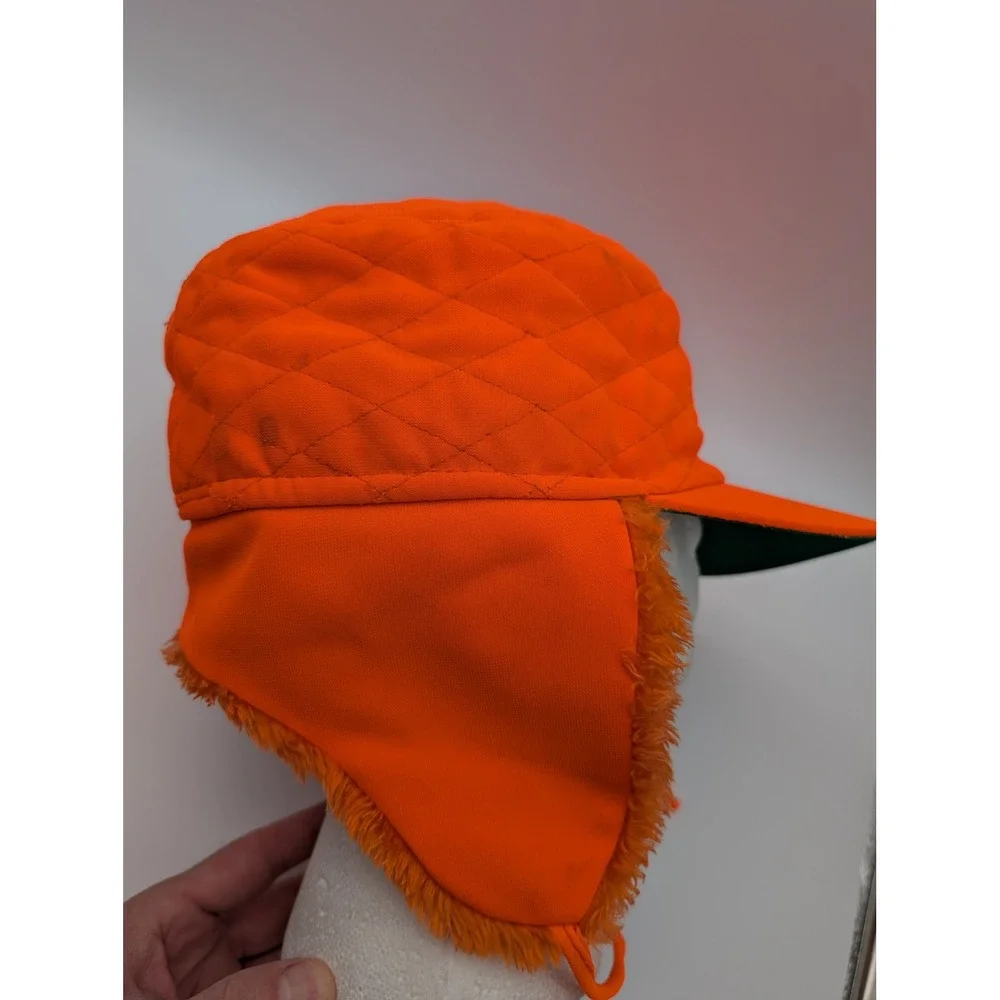 Vintage Blaze Orange Quilted Hunting Hat Ear Flaps Faux Fur Lined Trapper Cap